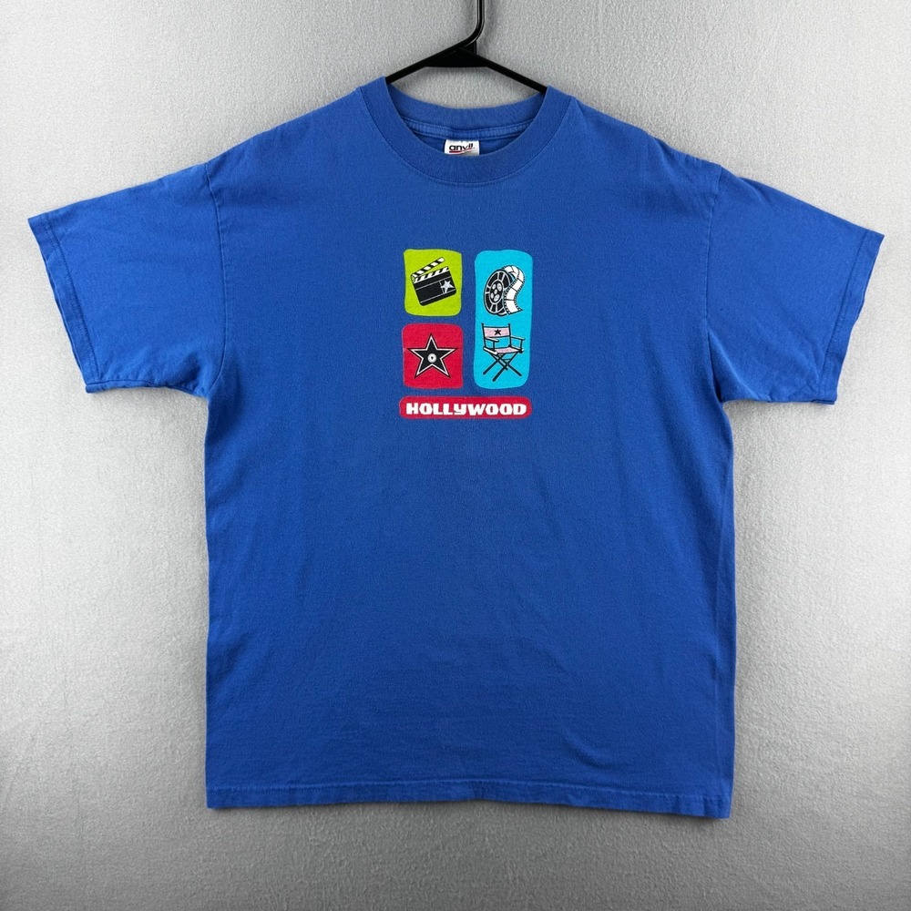 Vintage Hollywood Shirt Mens‎ Large Blue Short Sleeve Tee 90s Y2K Anvil Red Bar